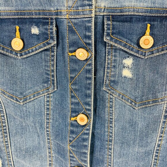 Distressed denim Jean Jacket women in med Wash Blue size medium WAX JEAN - Picture 12 of 16